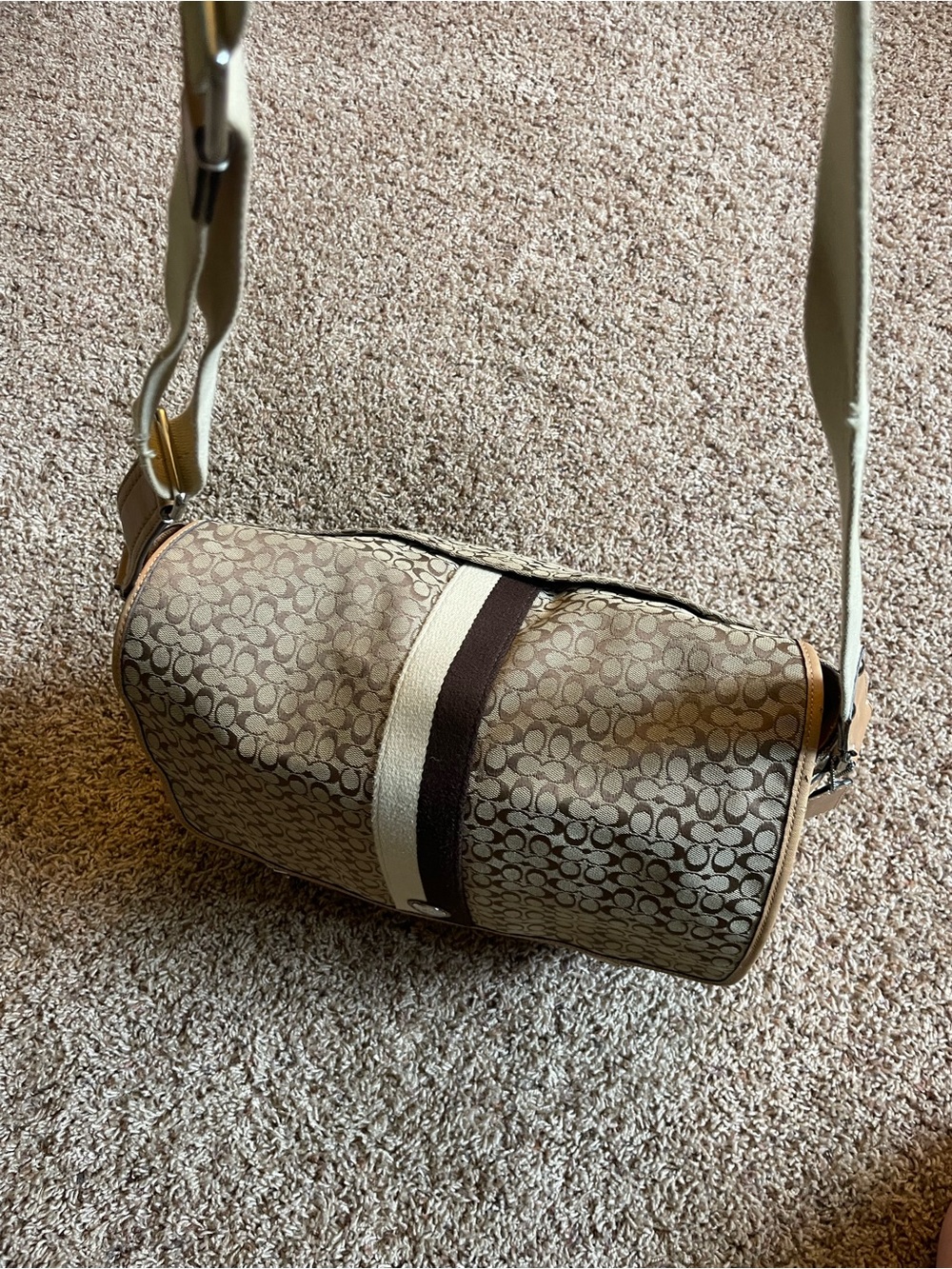 Coach Canvas Messenger Bag in Khaki and Tan with Stripe Detail - Picture 5 of 13